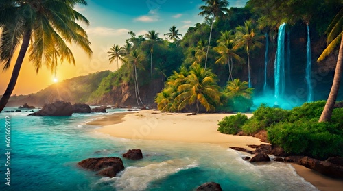 AI-generated image, A serene beach with golden sands, azure waters, lush palm trees, vibrant local culture, adventure, relaxation, and cherished memories await tourists. photo