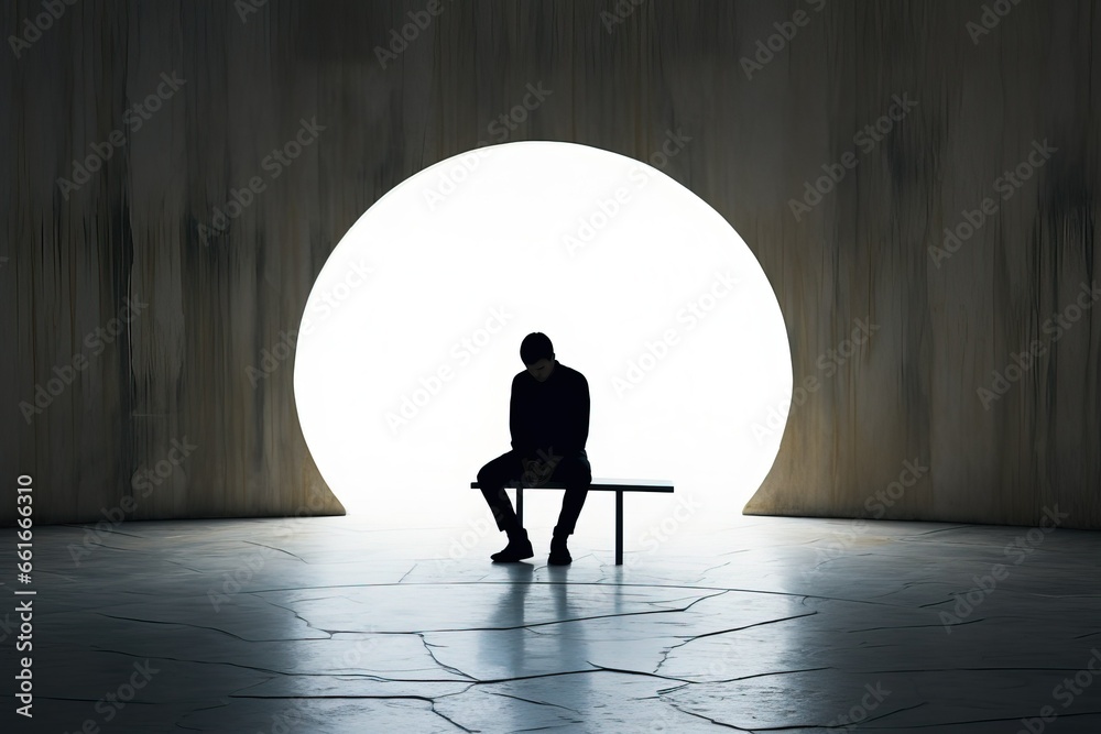 silhouette of a person in a room, a contemplative soul seeks solitude, finding solace in silent reflection while contemplating life's purpose - obrazy, fototapety, plakaty 