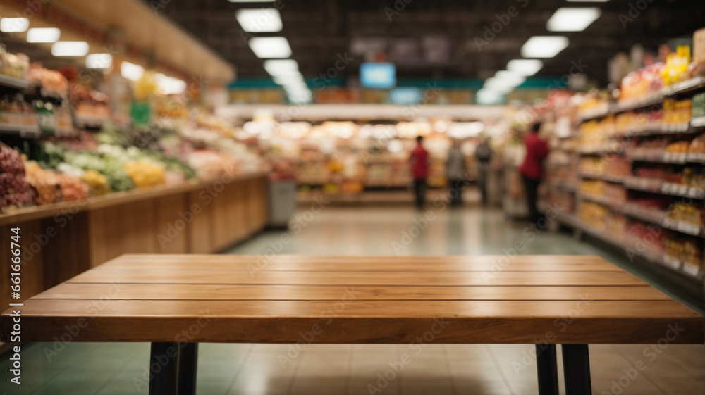 Empty wooden table with supermarket background for product display, space for text