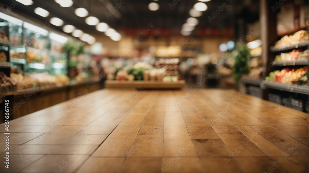 Empty wooden table with supermarket background for product display, space for text
