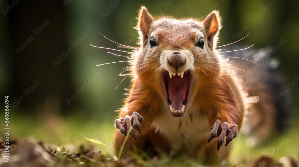 Aggressive squirrels displaying ferocity is rare. Its mouth opened wide