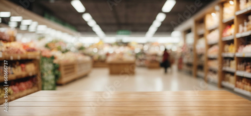 Empty wooden table with supermarket background for product display, space for text © anandart