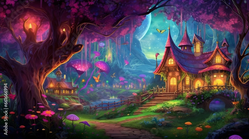 A colorful forest city of fairies with magical glowing plants, ancient mighty moss-covered trees. ai