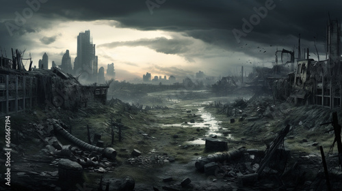 A post-apocalyptic ruined city. Destroyed buildings, burnt-out vehicles and ruined roads. ai © Witri