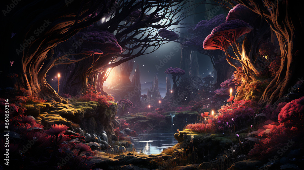 A beautiful fairytale enchanted forest at night with fabulous Fairytale blooming Flower. ai