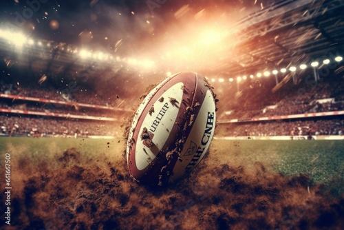 Rugby ball on stadium field during intense moment. Generative AI