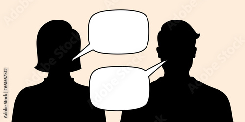 Man and woman talking with text bubbles, silhouette vector illustration.