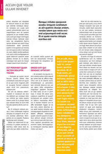 print magazine, journal, tabloid, publication, annual report mockup with pink headers, four columns, article, A4, editable text
