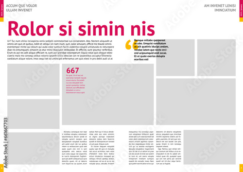 print magazine, journal, tabloid, publication, annual report mockup with pink headers, four columns, article, A4, editable text