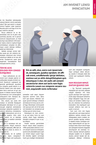 print magazine, journal, tabloid, publication, annual report mockup with pink headers, four columns, article, A4, editable text