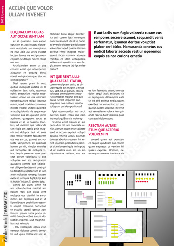 print magazine, journal, tabloid, publication, annual report mockup with pink headers, four columns, article, A4, editable text