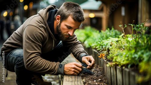A man in a brown jacket gardening and tending to a plant © Nedrofly