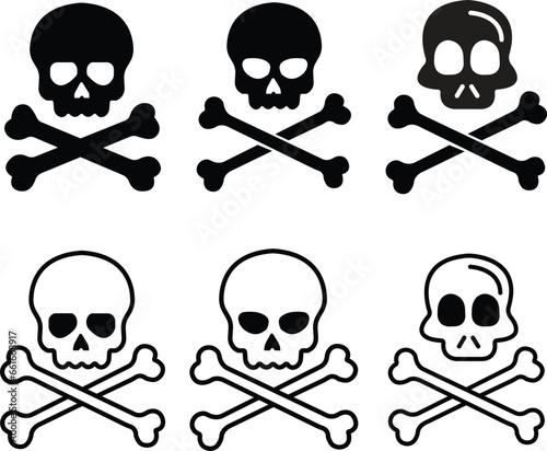 Crossbones Skull Human shape icons Set. Death, danger or poison symbols. Mortality symbol. Satanic imagery. Horror icon. Occult, Demon, Rock and roll Logo Icons isolated on transparent background.