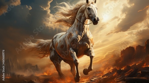 Graceful Gallop  A Stunning Wildlife Illustration Featuring Majestic Stallions  Equestrian Charm  and Vibrant Nature  generative AI