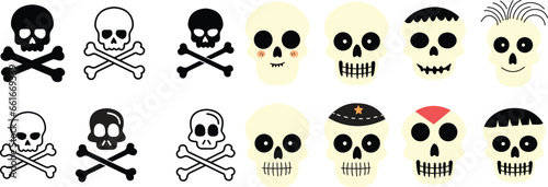 Crossbones Skull Human shape icons Set. Death, danger or poison symbols. Mortality symbol. Satanic imagery. Horror icon. Occult, Demon, Rock and roll Logo Icons isolated on transparent background.