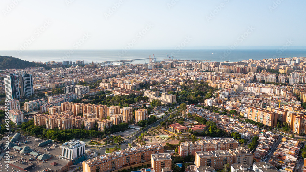 Aerial photo from drone to Malaga city at sunrise. Malaga,Costa del sol, Andalusia,Spain, (Series)
