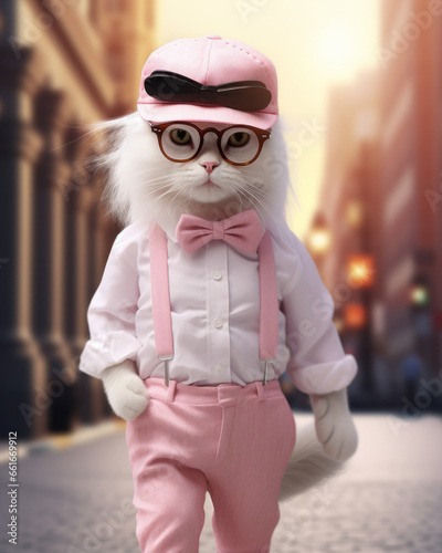 Fashion cat on the street in a pink and magenta outfit. Trendy concept of fashion and anthropomorphism.