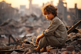boy on the ruins of a house in the middle east. copy space. text.