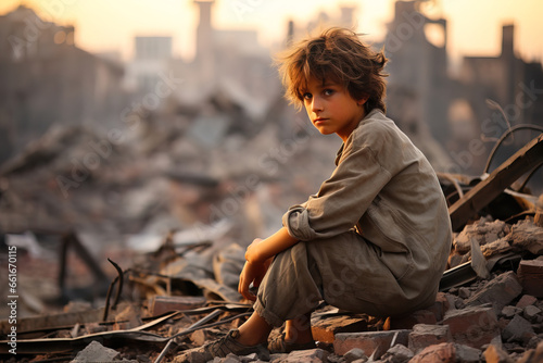 boy on the ruins of a house in the middle east. copy space. text. photo
