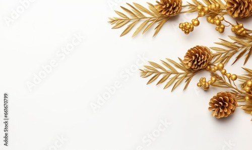 golden christmas items, fir branches on a white blackground