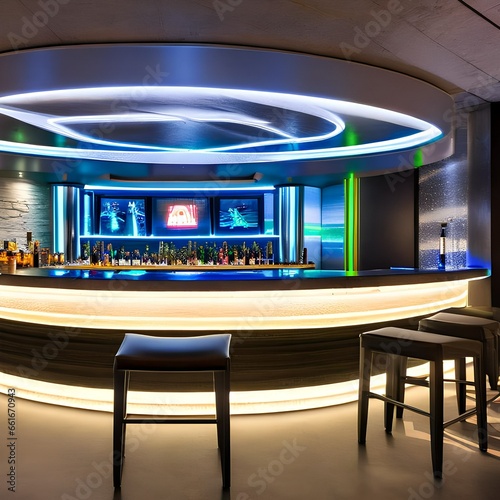 A futuristic, spaceship-themed basement bar with LED lighting, metallic surfaces, and an alien-themed decor1, Generative AI