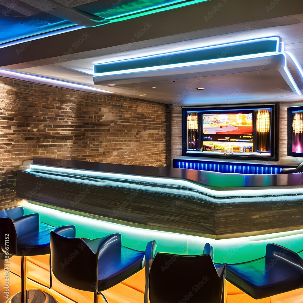 A futuristic, spaceship-themed basement bar with LED lighting, metallic surfaces, and an alien-themed decor3, Generative AI A futuristic, spaceship-themed basement bar with LED lighting, metallic surfaces, and an alien-themed decor3, Generative AI