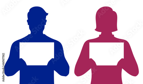 Set of man and woman holding papers or airport meeting boards, silhouette vector illustration.