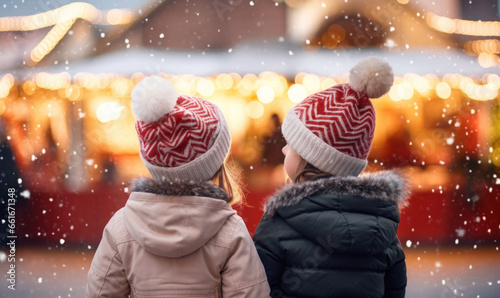 Two toddler girl children standing at a Christmas market
