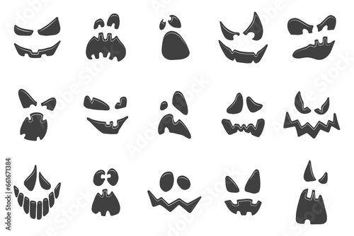 Carved pumpkin faces silhouettes isolated on white background. Jack-O-lantern icon set. Halloween vector illustration. Fall holiday spooky decoration set. © Zelenaya