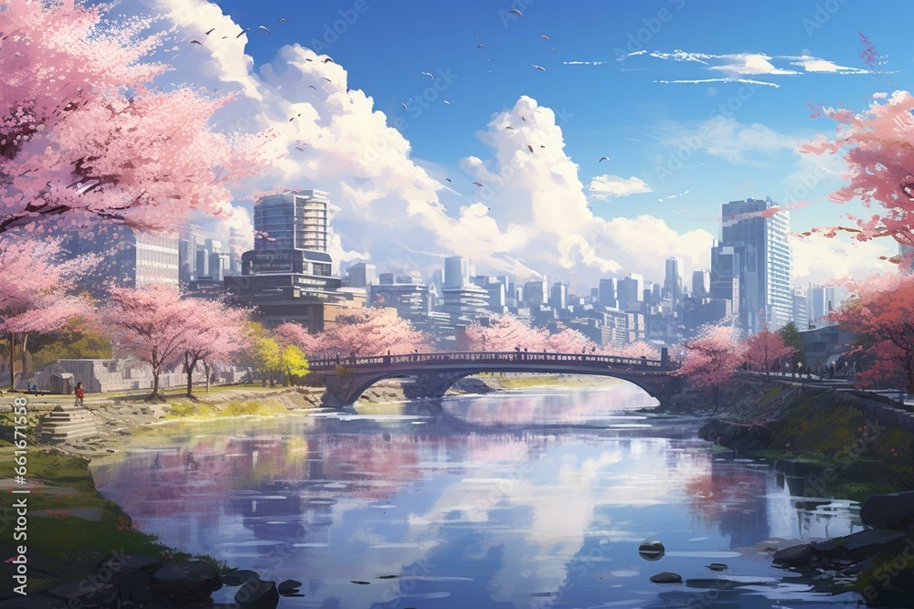 Beautiful scenery and lifestyle of a city where cherry blossoms bloom in spring. A city planning that integrates nature and housing, enabling people to live brightly. Generative AI