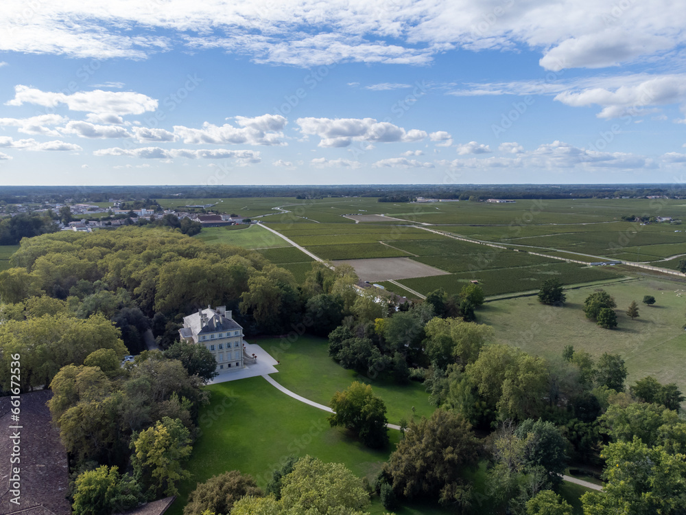Aerial views of wine domain or chateau in Haut-Medoc red wine making region, Margaux village, Bordeaux, left bank of Gironde Estuary, France
