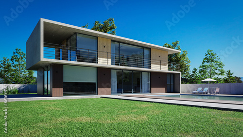 Day View of Modern Designed Double-Story House with Grass Yard and Swimming Pool, 3d rendering © AddMeshCube