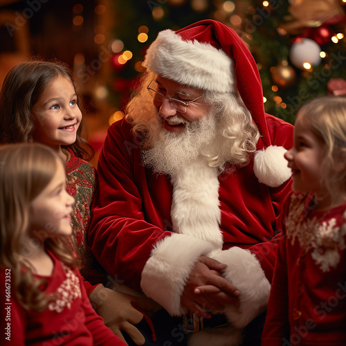 Santa Claus attentively listening to children's Christmas gift requests | Hyper realistic photo of a Santa Claus with children | Fictional Characters | Christmas holidays | Xmas | Merry | Winters