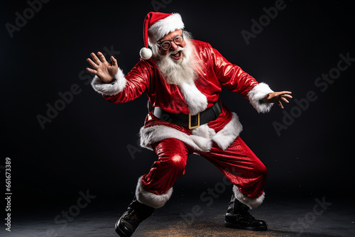 Photoshoot of a hyper realistic Santa Claus dancing photoshoot in studio | Santa Claus funny dance | Christmas holidays | Stock photography of Santa Claus for Xmas | December 25th | Fictional | Merry