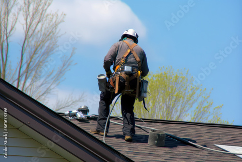 Wallpaper Mural roof repair construction worker roofer man roofing security rope Torontodigital.ca