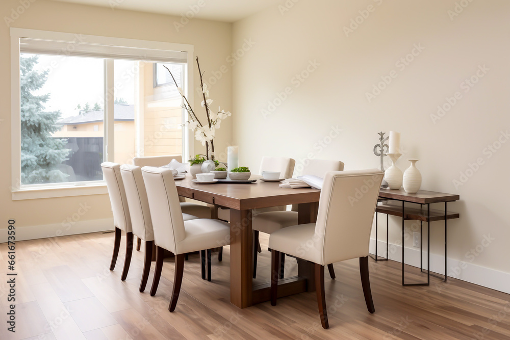 Contemporary minimalist dining room hardwood table with upholstered chairs on a hardwood laminate floor set in a cream painted room interior room design