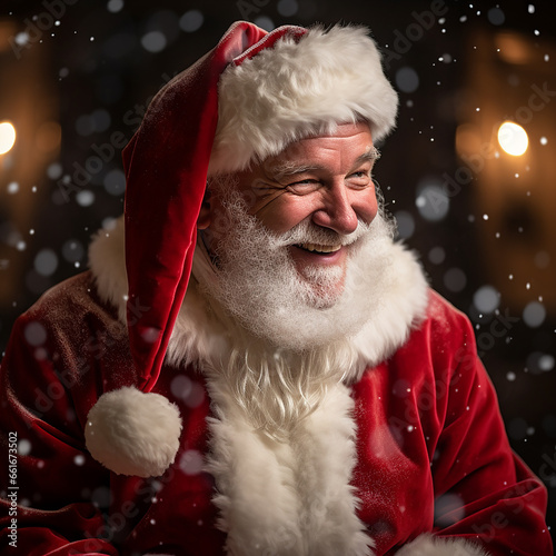 Photoshoot of a hyper realistic Santa Claus in classic red costume in portrait mode | Santa Claus Smiling | Christmas holidays | Stock photography of Santa Claus for Xmas | December 25th 