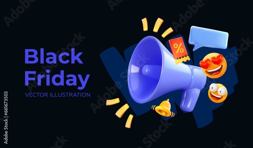 Black Friday. Isolated megaphone on a black background. Banner super sale, discounts. Sales announcement. In 3D style. Vector illustration