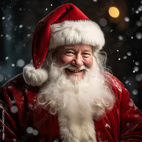 Photoshoot of a hyper realistic Santa Claus in classic red costume in portrait mode | Santa Claus Smiling | Christmas holidays | Stock photography of Santa Claus for Xmas | December 25th 