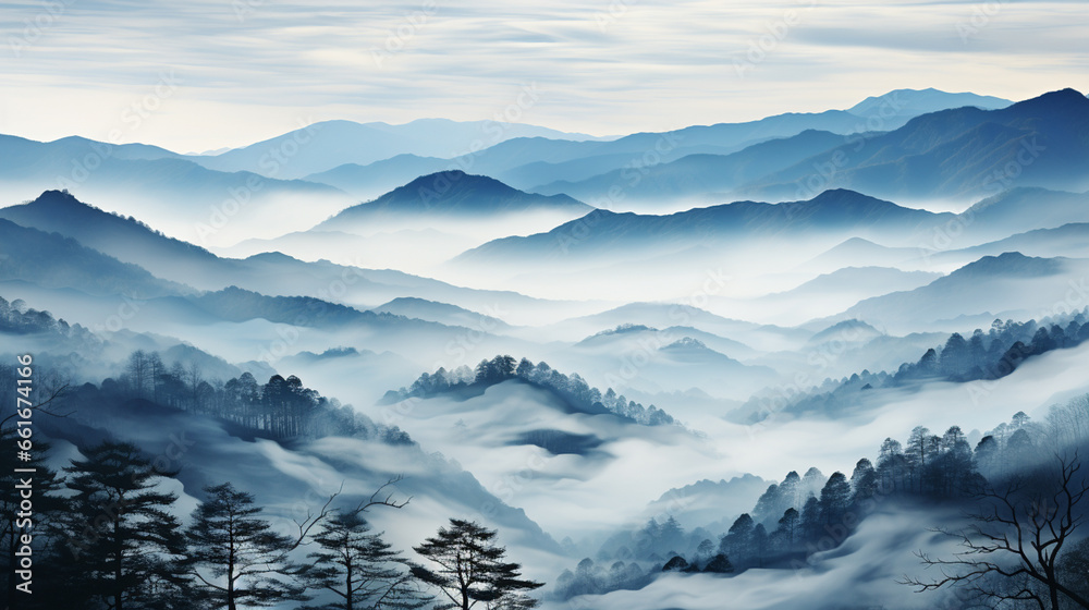 Abstract foggy morning landscape in the mountains. ai generative