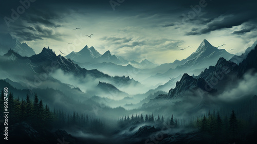 Abstract foggy morning landscape in the mountains. ai generative
