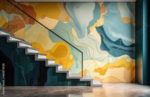 a stairway mockup with abstract designs, in the style of dark yellow and green,