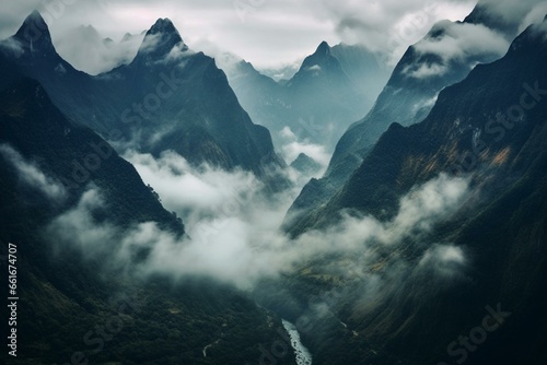 beautiful mountains submerged in clouds, resembling an oil painting. Generative AI