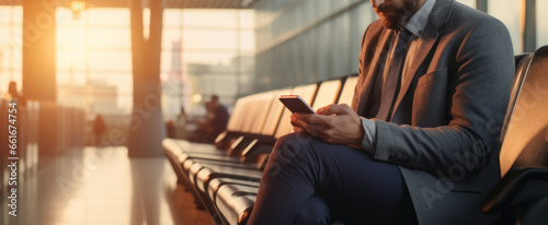 Business man using mobile phone to book plane ticket through online application, sitting on travel checking travel time on board at airport, travel, payment, due, booking, online, check in. © pinkrabbit