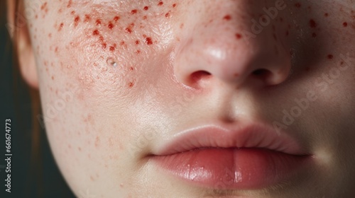 acne on woman face with rash skin, scar, and red skin syndrome allergic to cosmetics, use steroids, dermatology, inflammation, infection, hygiene.