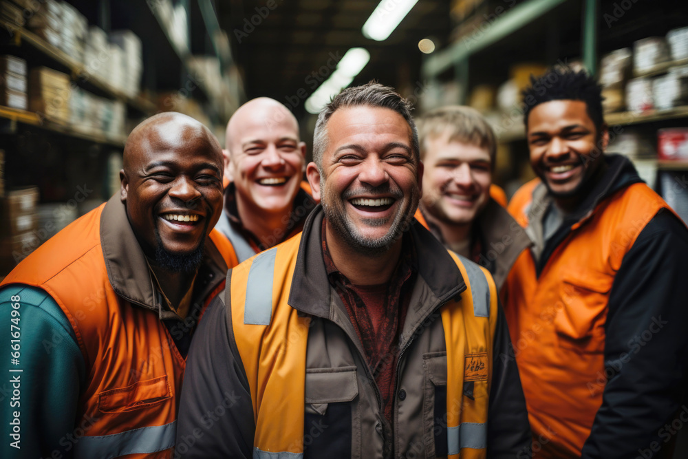 Group portrait of mixed race men working in warehouse laughing Group portrait of mixed race men working in warehouse laughing