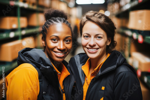 Portrait of Black and Caucasian women working in warehouse smiling photo