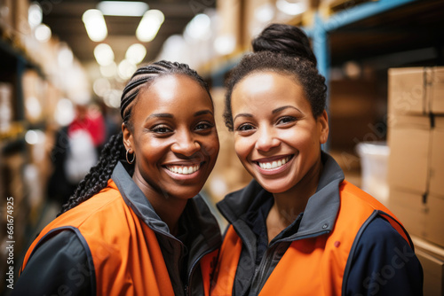 Portrait of two Black women blue collar working in warehouse smiling photo