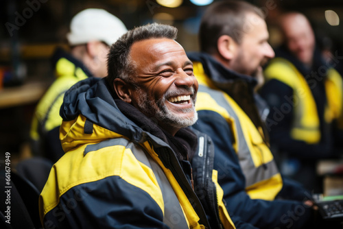 Hispanic firefighter man laughing with other firefighters