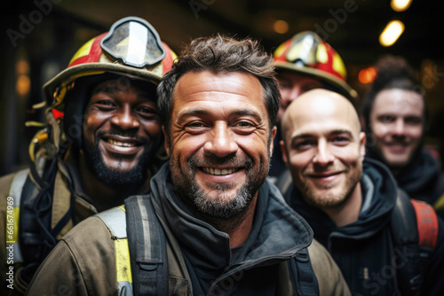 Group portrait of firefighters smiling outdoors photo
